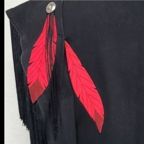 Rare Vintage Wanted Black Denim Red Feather Bold Fringe Western Boho Shawl - Picture 4 of 11